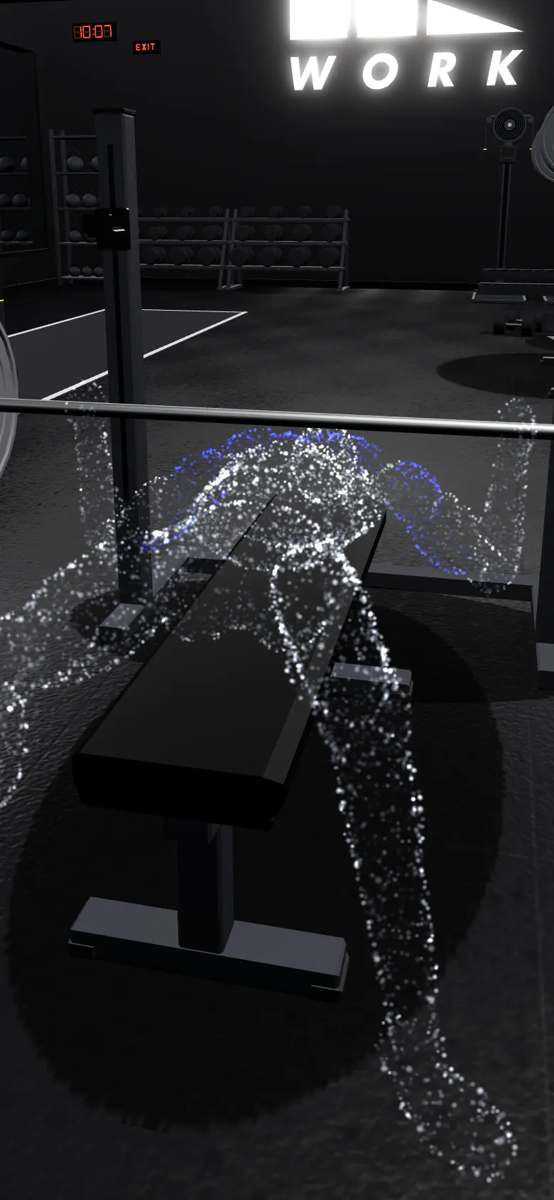 A lifter made of light lowering the bar to his chest on the bench, the chest and triceps lit blue