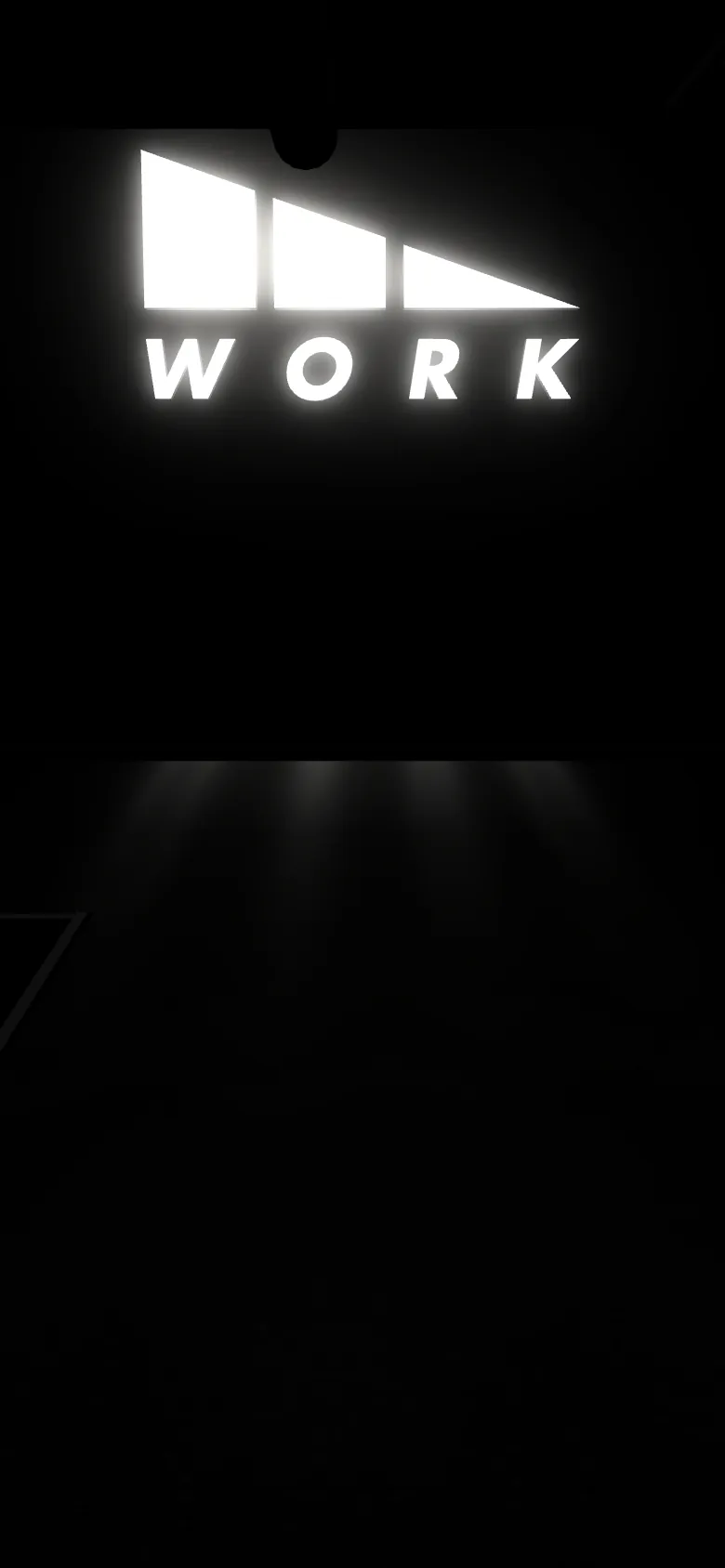 The WORKCLUB USA floor in Fullerton, the lit WORK sign on the far wall, the bench waiting under a white pool of light