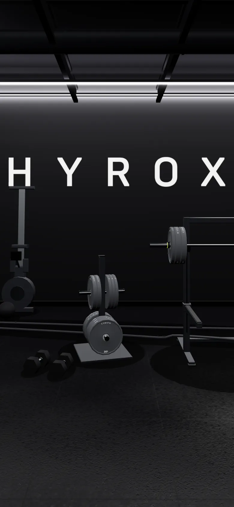 The HYROX wall at WORKCLUB USA, straight on, the official mark big above the RowErgs