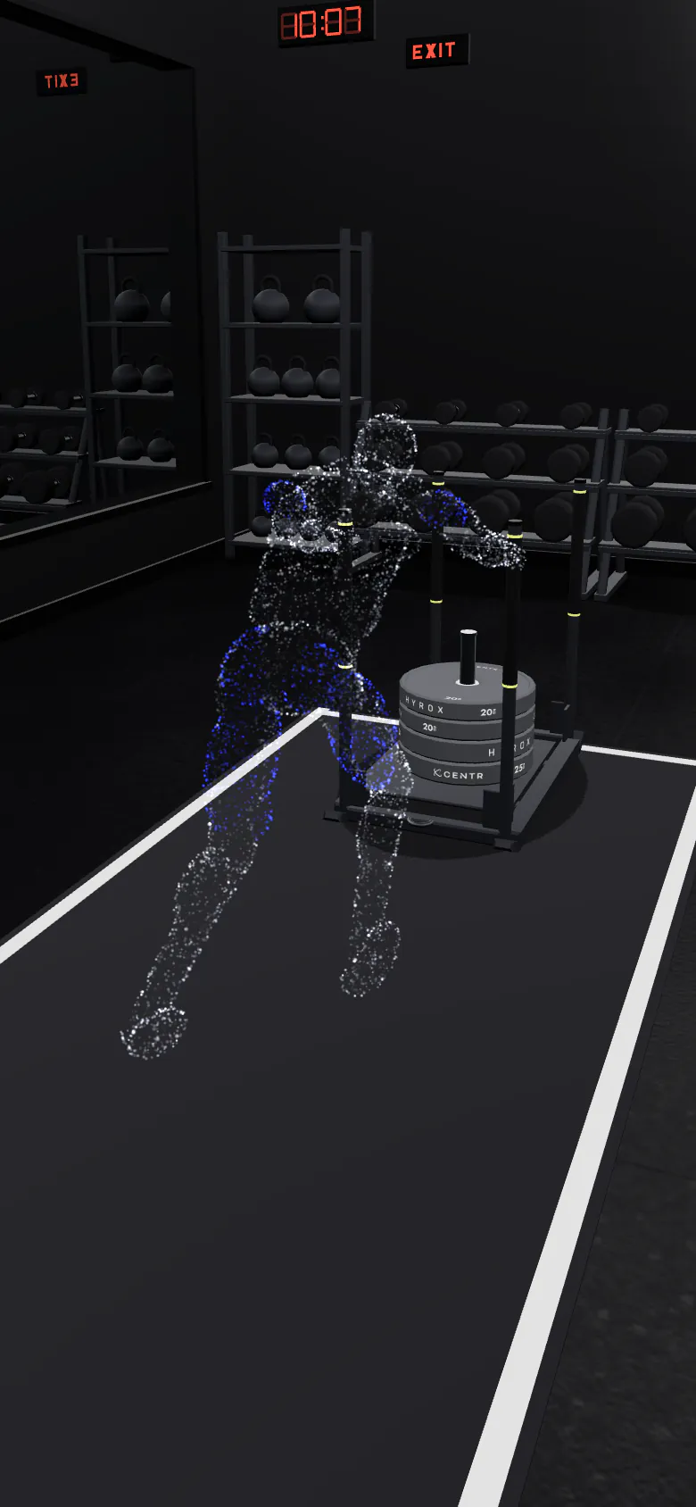 A lifter made of light driving the loaded sled down the lane toward the lit WORK sign, legs lit blue