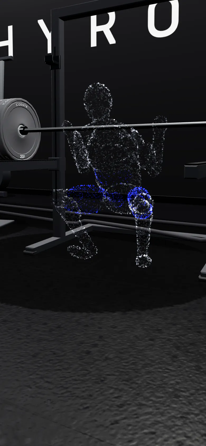 A lifter made of light at the bottom of a back squat in the squat stands, the quads and glutes lit blue